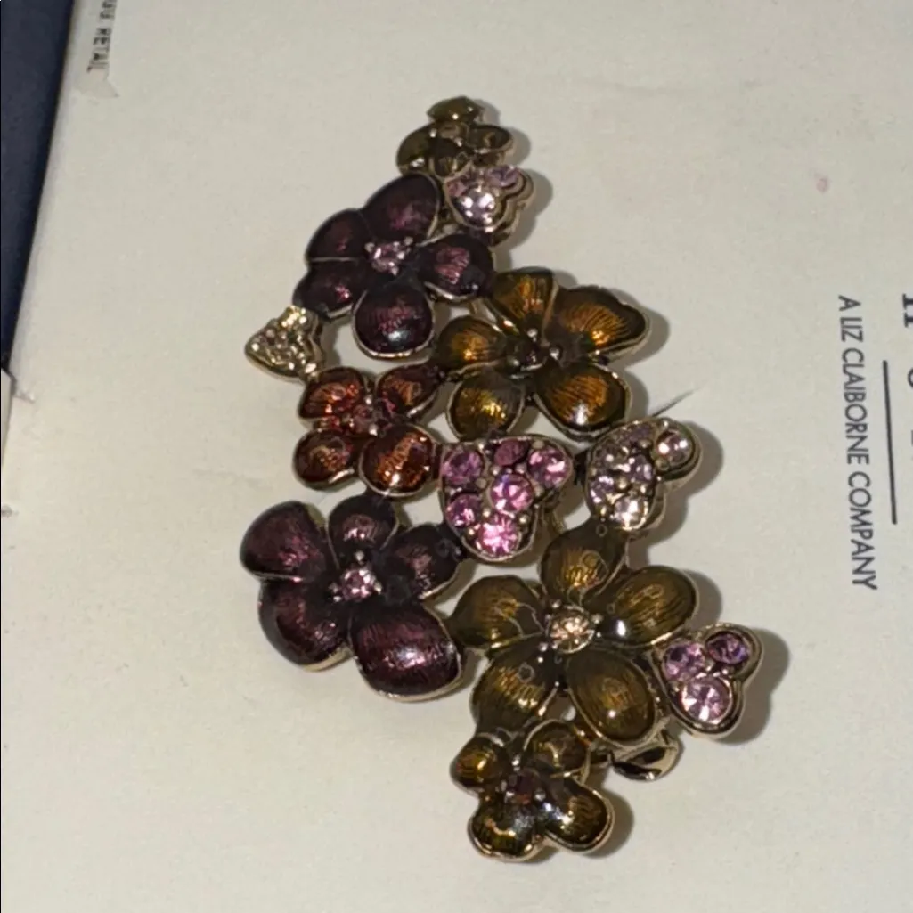 CRAZY HORSE By LIZ CLAIBORNE COMPANY Floral Enamel & Rhinestone BROOCH Brown - Image 3