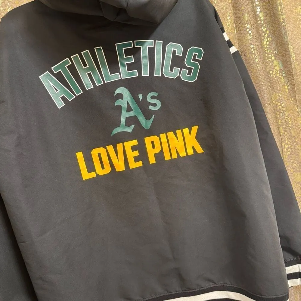 PINK Victorias Secret Black MLB Oakland A's Pullover Windbreaker Jacket Large - Image 7