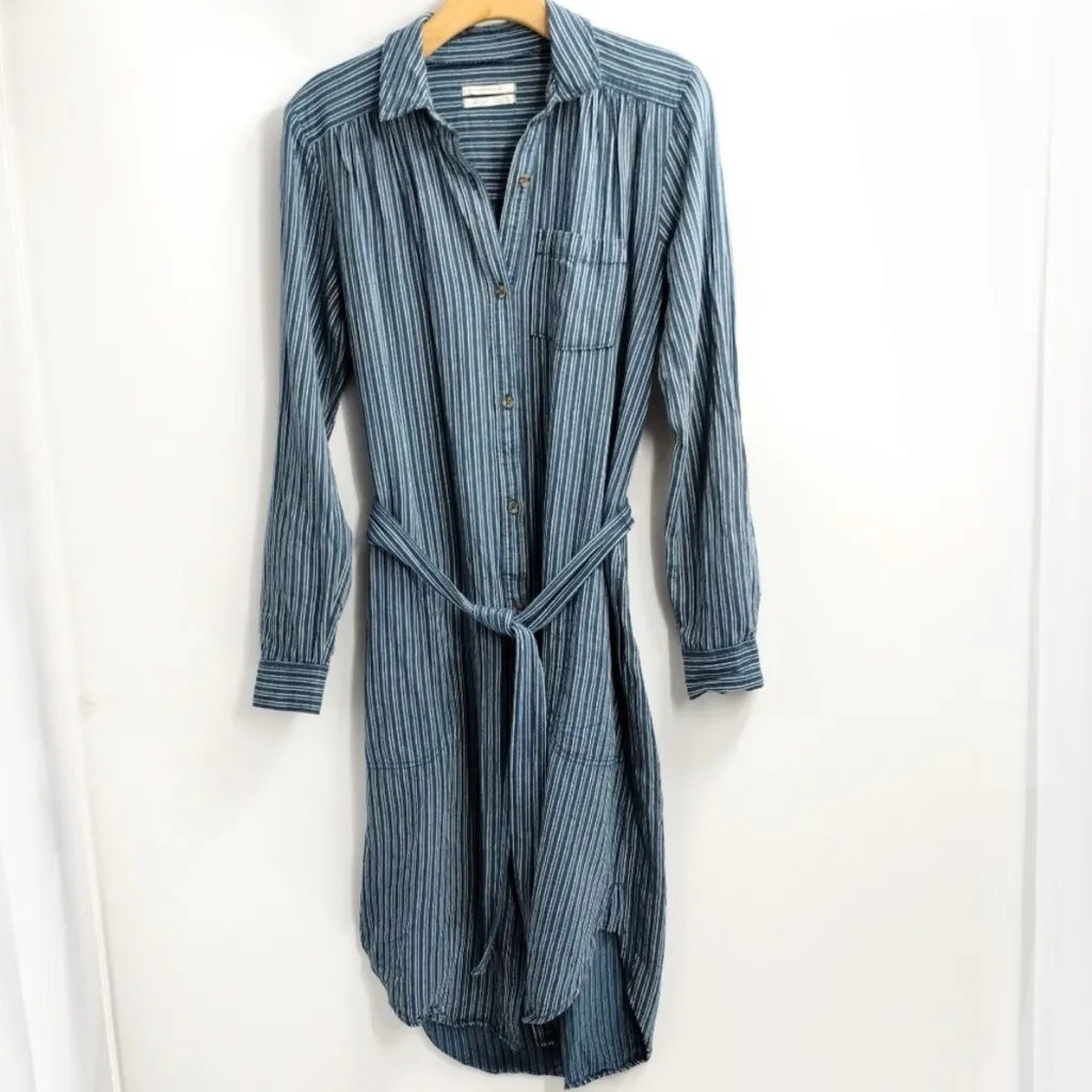 Anthropologie Linen Blend Bellamy Denim Chambray Blue Striped Shirt Dress 6 - Image 6