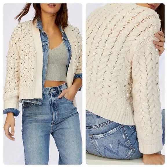 Anthropologie Embellished Pearl Open Cream Cardigan - Image 2