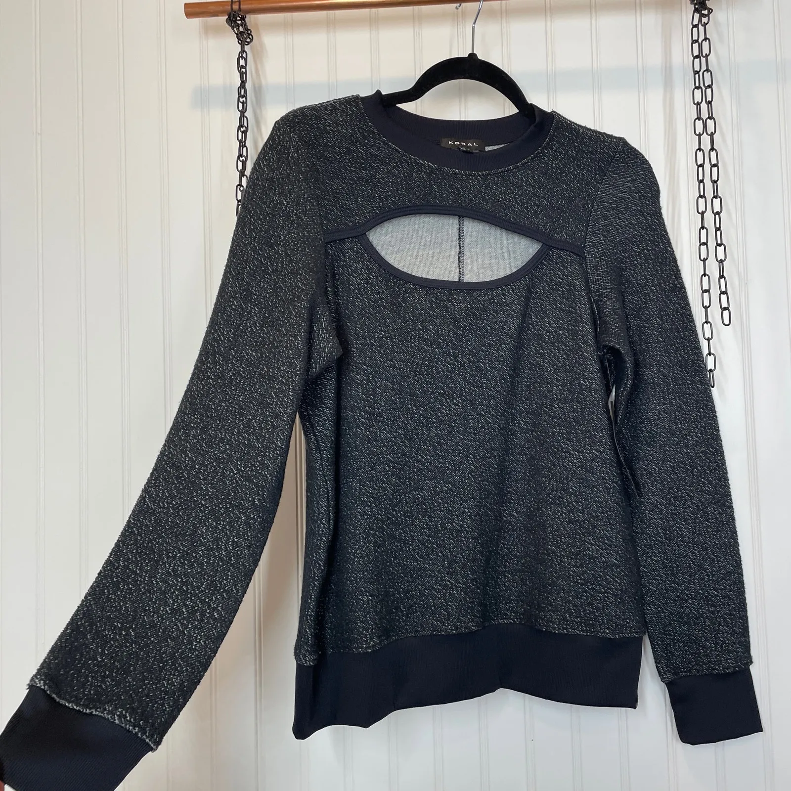 NWT Koral Women’s Black Chest Cut Out Front Pullover Sweatshirt Size M - Image 3