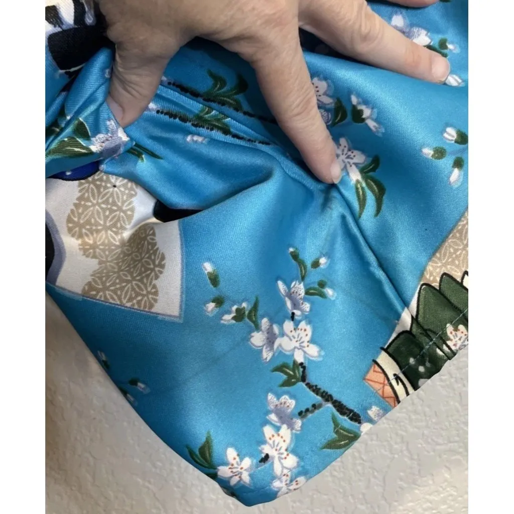 Jade Blue Floral Geisha‎ Girl Kimono Robe Pockets Hong Kong Asian Vintage Size L - Image 6