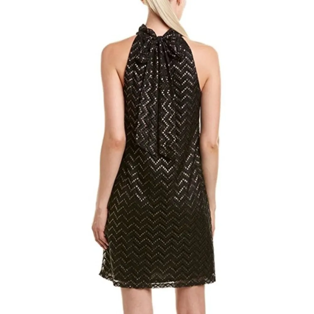 Trina Turk Morrison Dress Black Gold Metallic Tie Neck Shift Dress Large - Image 3