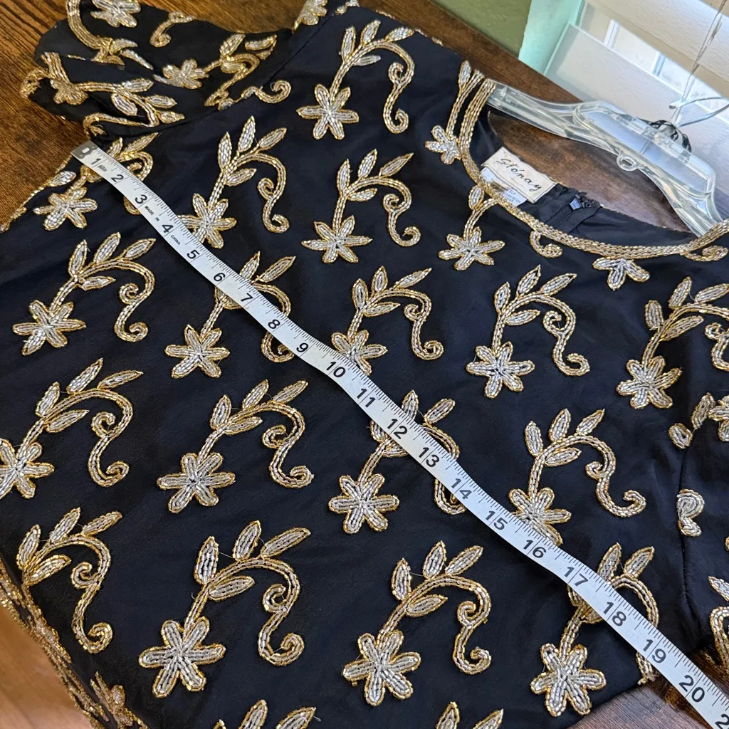 Vintage Stenay Black Silk Top with Gold Floral Beaded Embroidery 100% silk Size M - Image 10