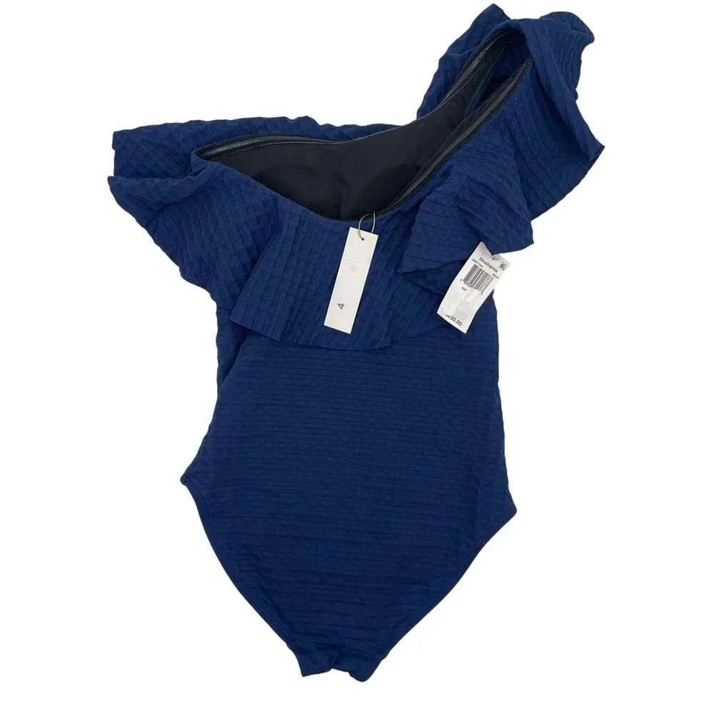 SHOSHANNA Swimsuit Size 4 One Piece Navy One Shoulder Ruffle Textured NWT Swim - Image 4
