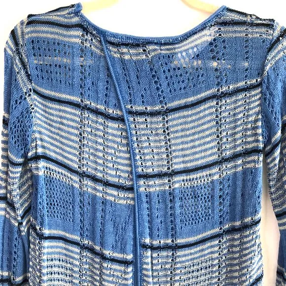 New Say What Split Back Striped Sweater Overlapping Open Knit Blue - Image 9