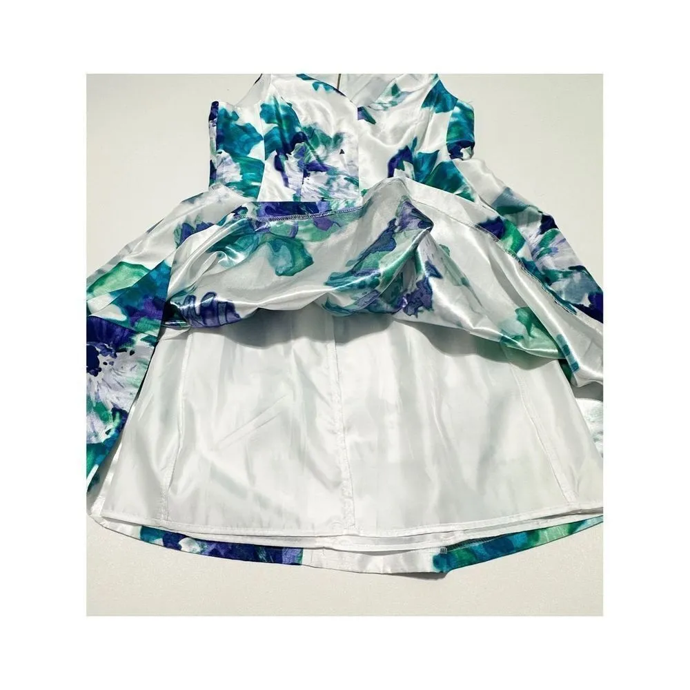 Dress Barn Floral Satin Sleeveless V- Neck Fit & Flare Mini Dress White Blue‎ 12 - Image 8