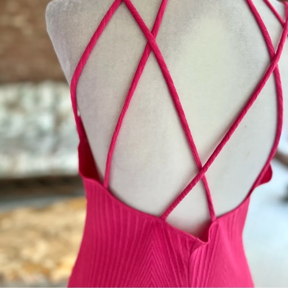 Socialite Midi Dress Bodycon Pink High Neck Knit Strappy Back M Cocktail Party - Image 12