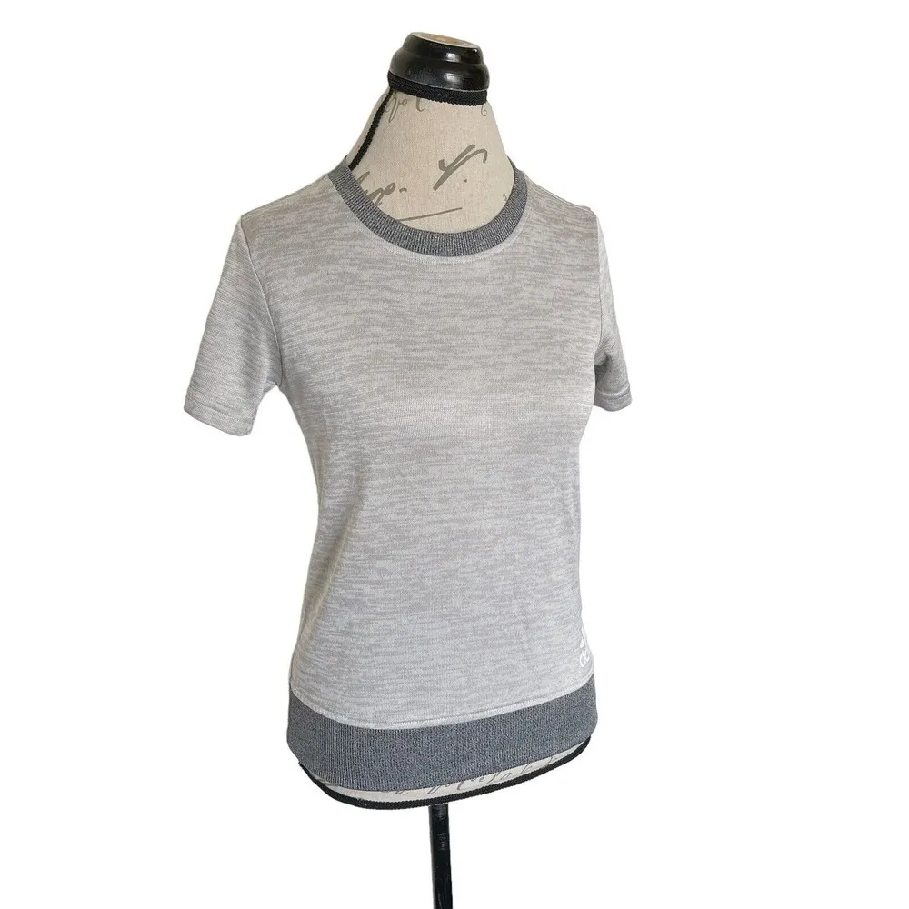Womens Knit Blouse Crewneck Short Sleeve Gray Logo Sporty Athletic Small - Image 3