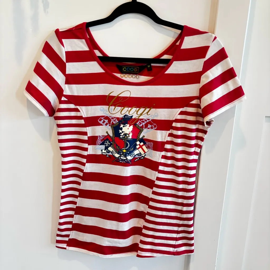 COOGI Vintage Red & White Striped Gold Detail Crest Women's Fitted T-shirt M - Image 2