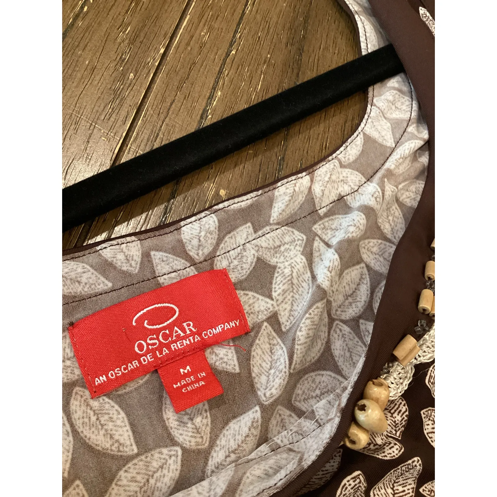 Oscar De La Renta brown & cream floral leaf beaded hem detail sleeveless dress M - Image 8