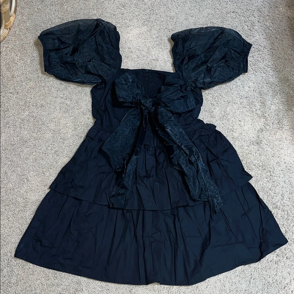 CLEOBELLA Soledad Organza Puff Sleeve & Bow Square Neck Tiered Mini‎ Dress Black - Image 4