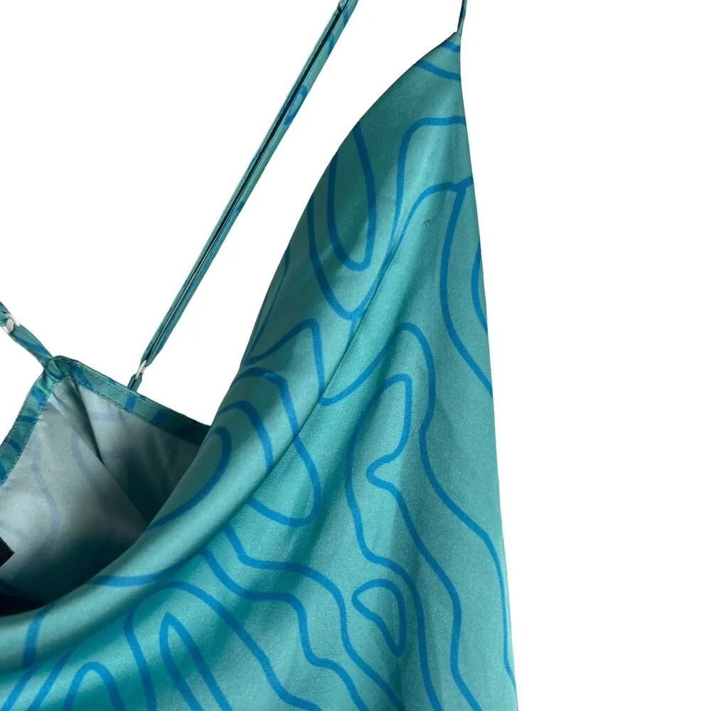 Slate & Willow Aqua Blue Printed Cowl Neck Slip Midi Dress Size Medium - Image 10