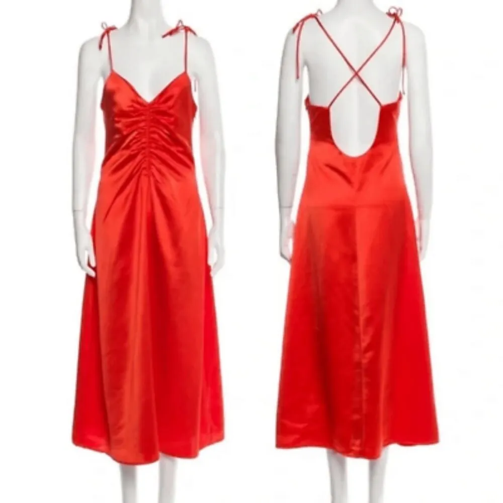 Red Orange Satin Ruched Strappy Open Cross Back Midi Dress M - Image 2