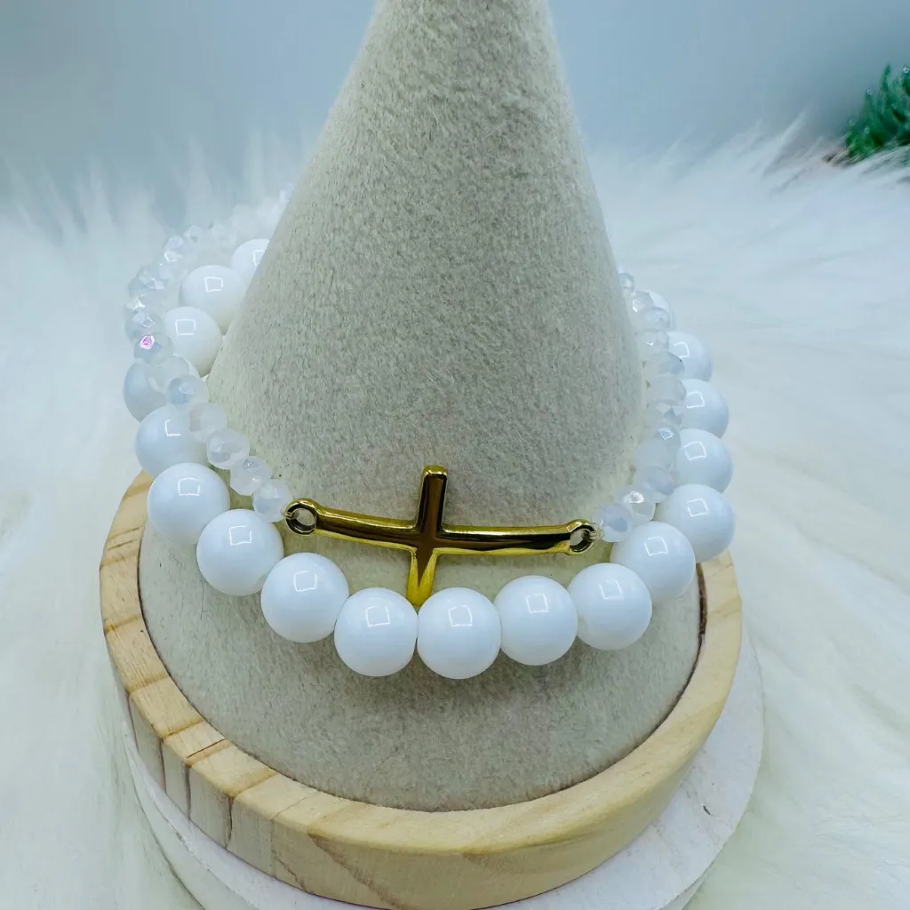 Stainless Steel Cross beaded White Theme Bracelets - Image 2