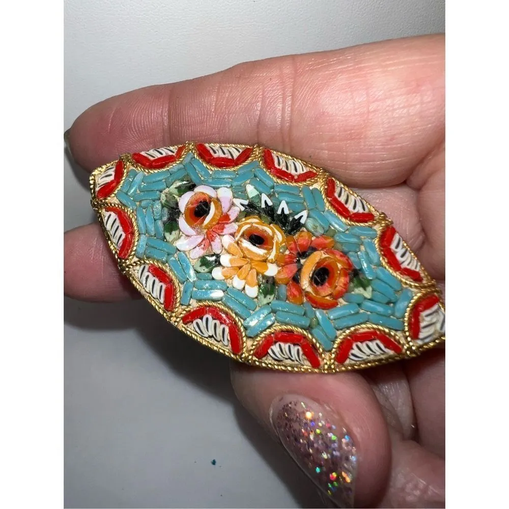 Vintage Made in Italy Micro Mosaic Brooch Blue - Image 7