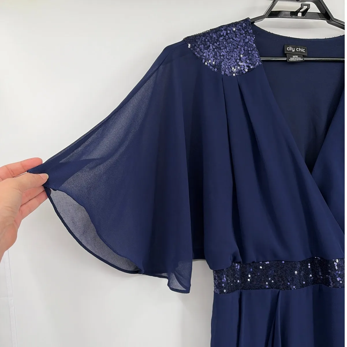 City Chic Sequin Dress 18 Navy Chiffon Holiday Cocktail Wedding Flutter Cruise - Image 2