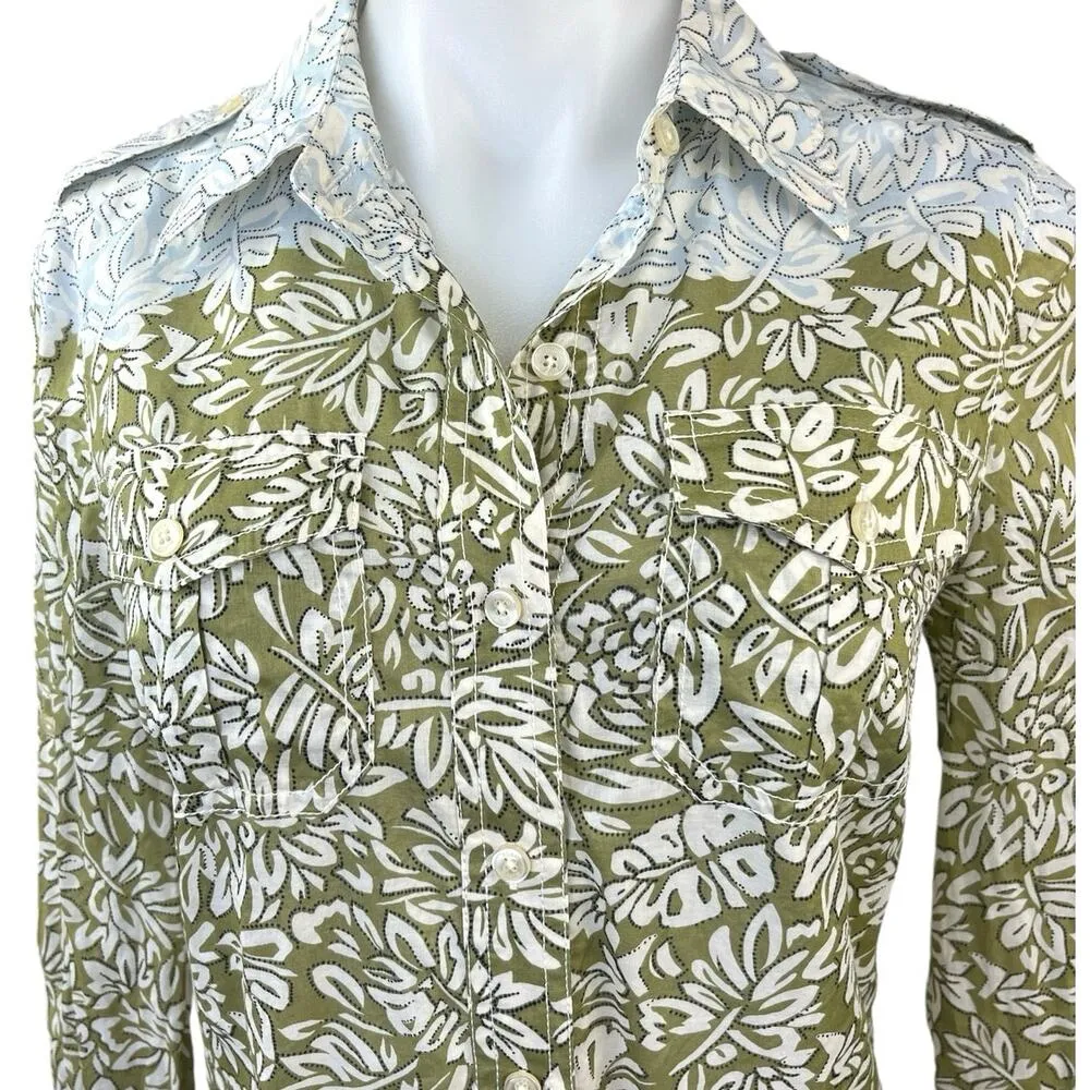 Tory Burch Green Brown Blue Colorblock Floral Button Down Shirt Top Size 2 - Image 3