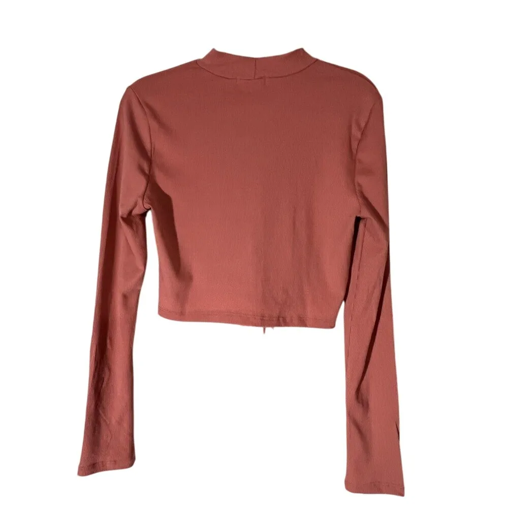 Heart & Hips Mauve  Ribbed Crop Top Women Large Long Sleeve Corset Tie Front Y2K - Image 4