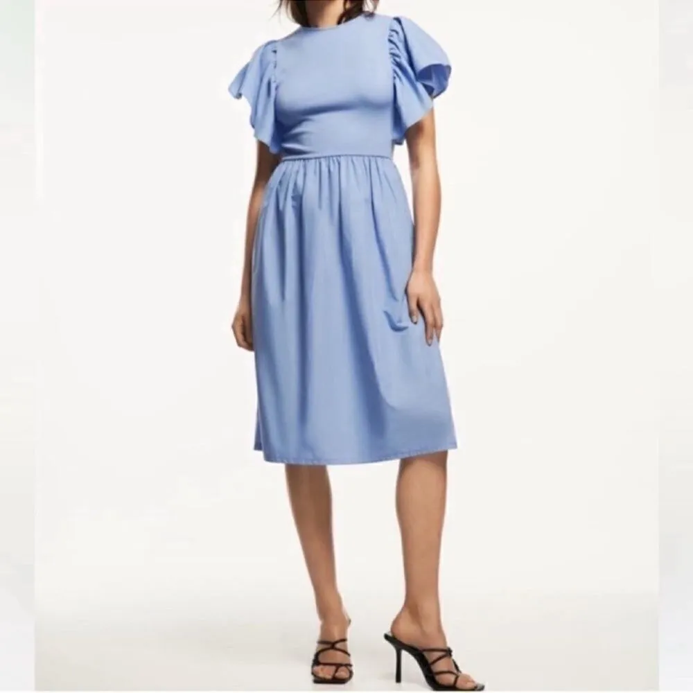 Zara Ruffle Sleeve Blue Midi Dress(Size Medium) - Image 8