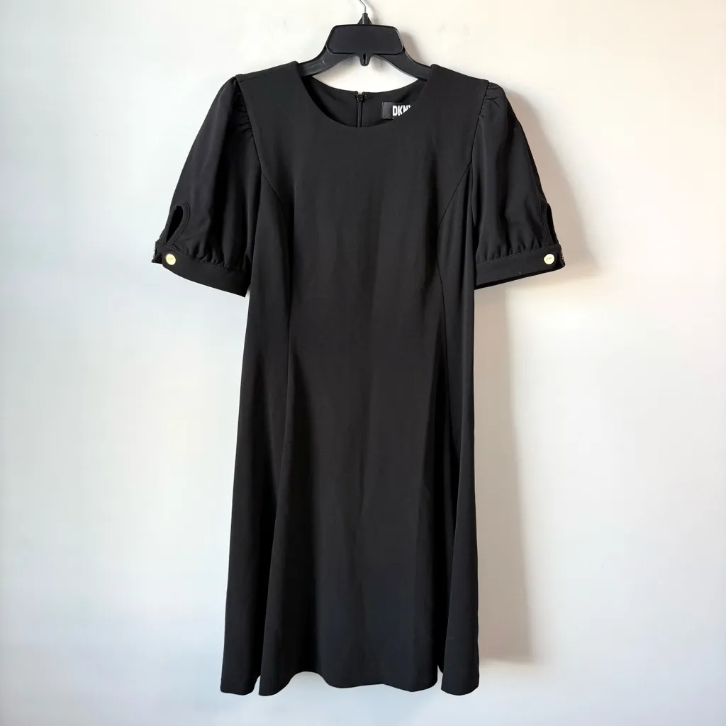 DKNY Gold Tone Button Sleeve Fit And Flare Dress Black 8 - Image 4