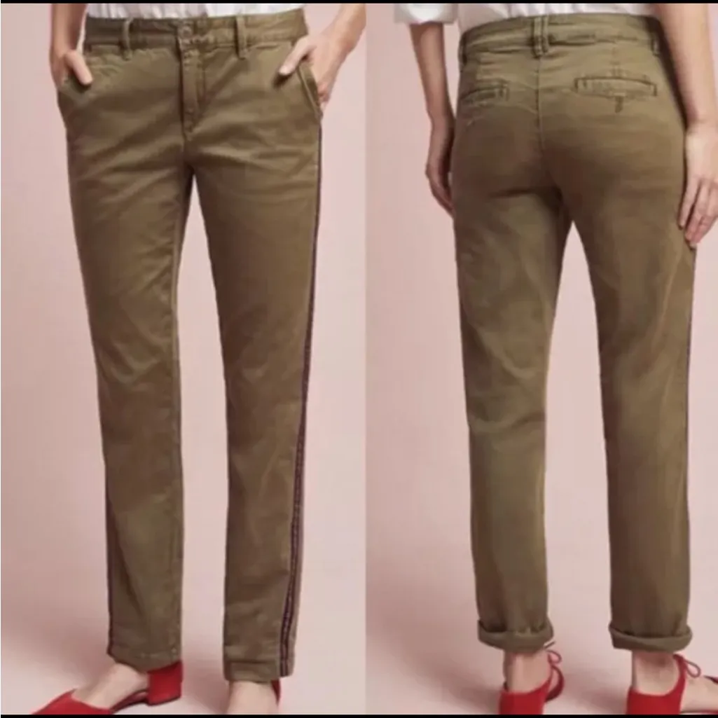 Anthropologie Army Olive Green Relaxed Tuxedo Striped Chino Pants Size 29‎ - Image 3