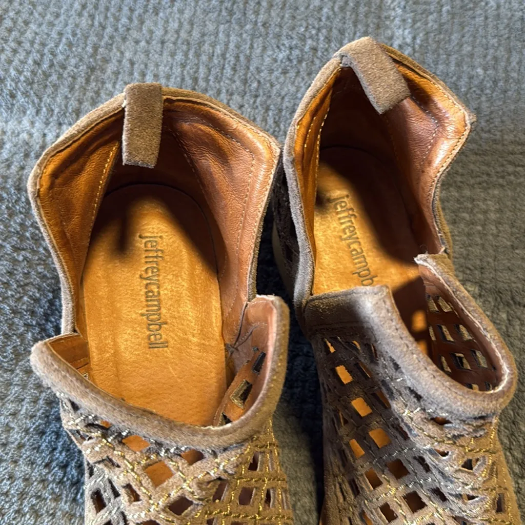 Jeffrey Campbell Tan Perforated Suede Block‎ Heel Ankle Boots Size 8 - Image 5