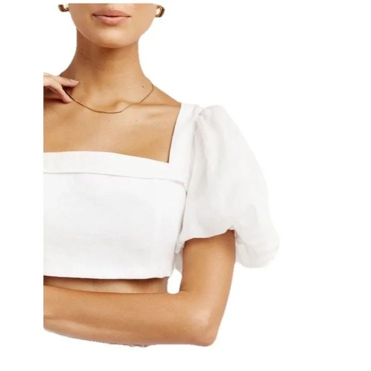 Dissh Ailse White Linen Bow Crop Top White Size 8 NWT Puff Sleeve Wrap RRP$99 - Image 9