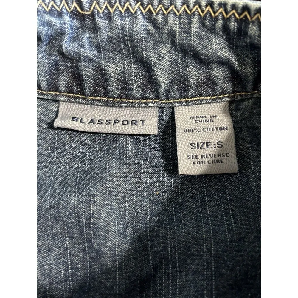 Blassport Med‎ Wash Denim Jacket Size Small Pockets Button Up Collar Ruffle Blue - Image 5