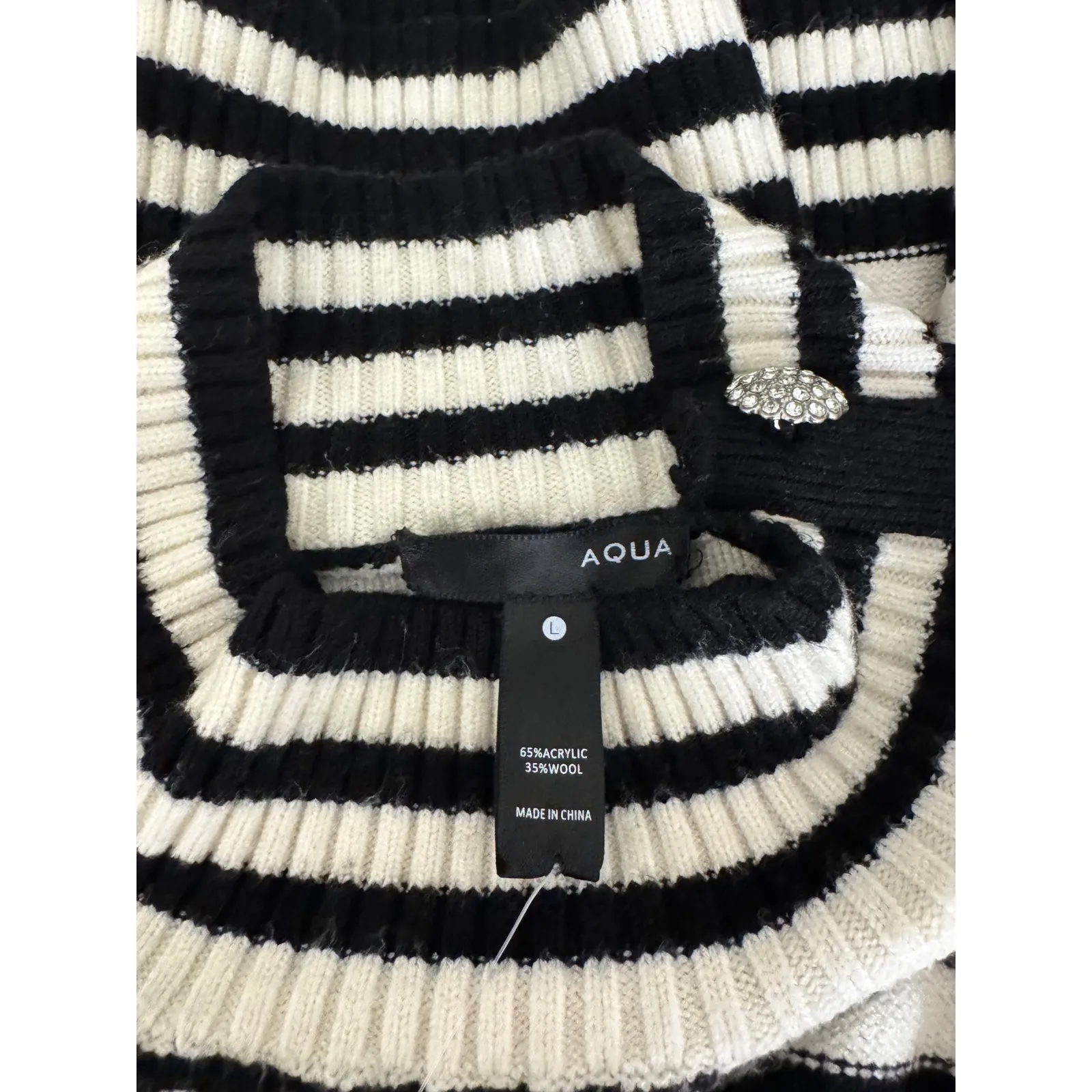 Aqua Striped‎ Mock Neck Sweater Rhinestone Button Detail Long Sleeve L - Image 5