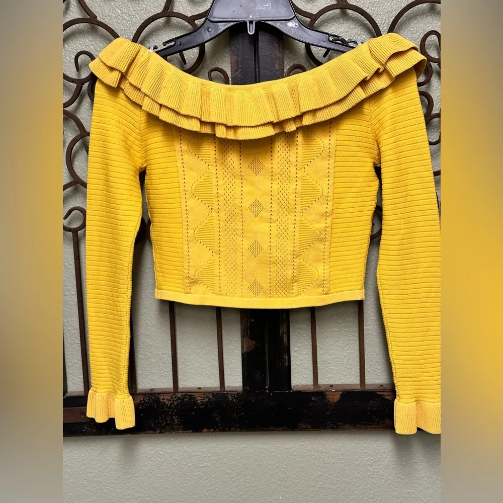 Anthropologie Free the Roses mustard off the shoulder sweater crop top - Image 2