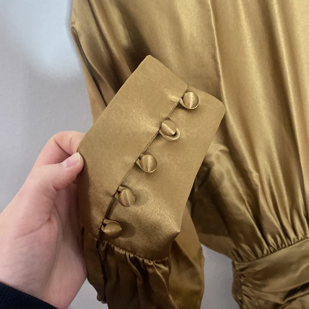 Retrofete Barbara silk ruched mini dress in olive army hue size XS - Image 8