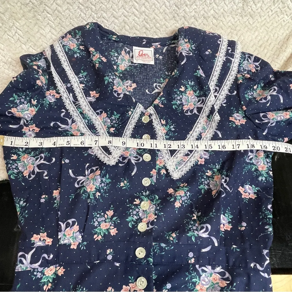 Vintage Eber Navy Midi Floral Dress Lace Collar Women sz 13 80s/90s Cottagecore Blue - Image 11