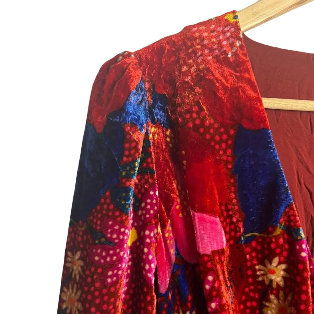 Farm Rio Snake Garden Red Velvet Floral Print V-Neck Long Sleeve Jumpsuit Sz XS - Image 9