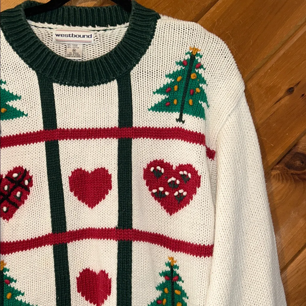 Vintage WestBound chunky knit Christmas tree & heart holiday sweater - Image 2