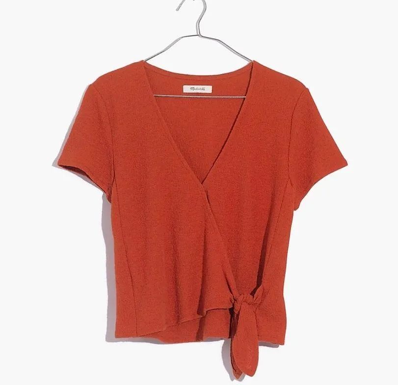 Madewell Pumpkin Texture & Thread Burnt Orange Tie Ballet Wrap Top sz Small EUC - Image 4