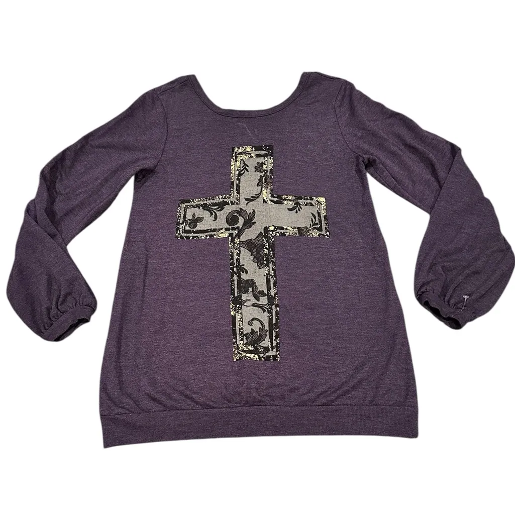CHASER Purple Metallic Cross Back Sweatshirt Pullover Top Size S - Image 3