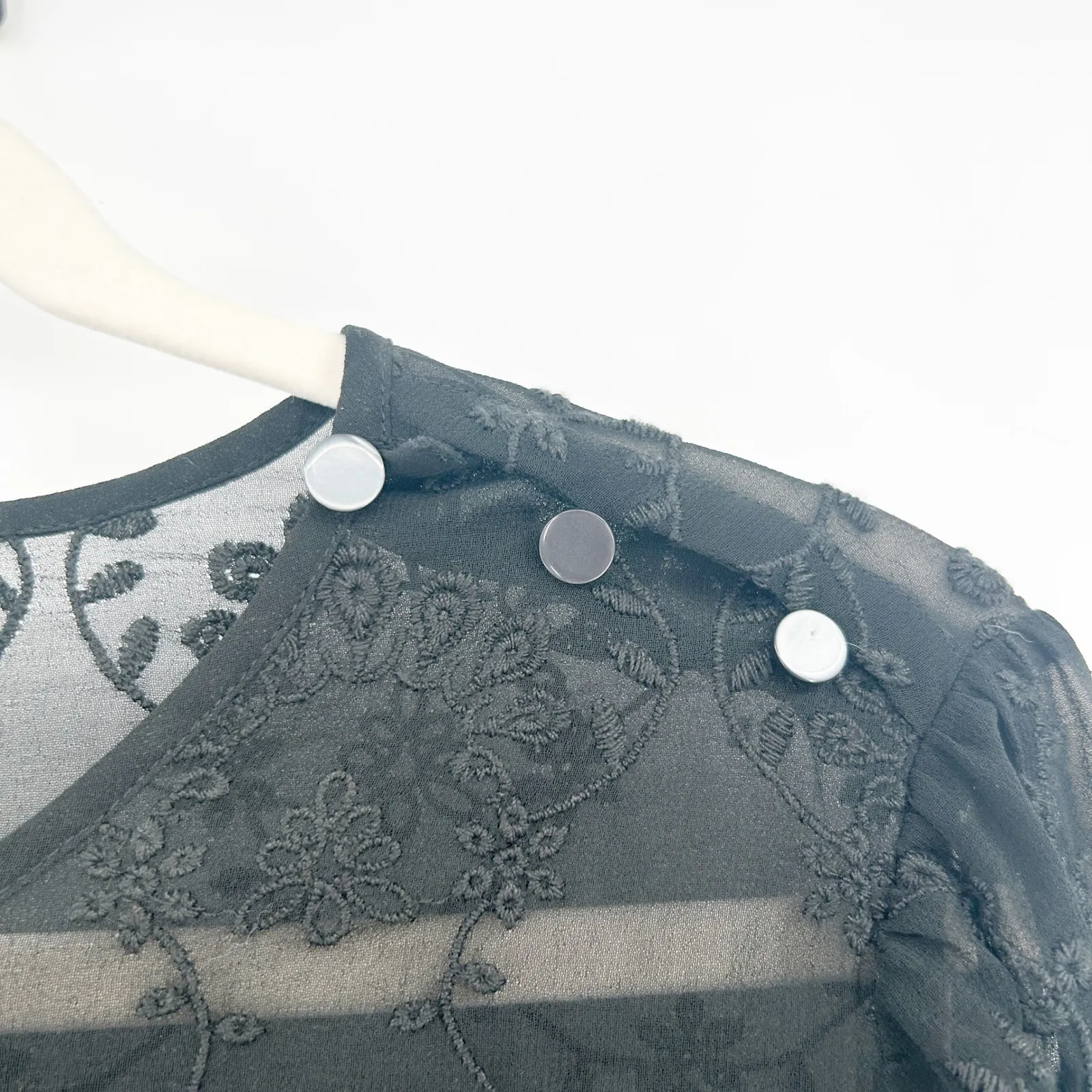 J. Crew Black Dark Witchy Whimsigoth Floral Embroidered Eyelet Sheer Blouse M‎ - Image 3