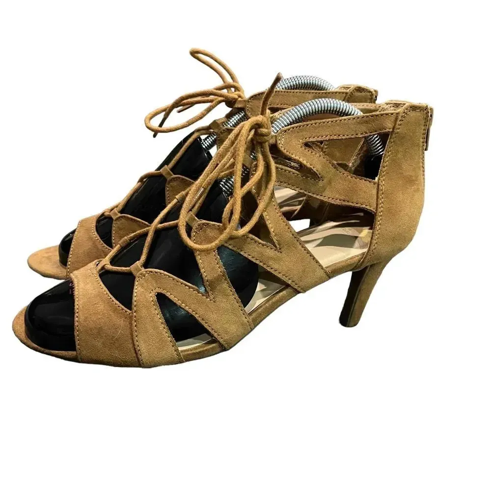 FERGALICIOUS By Fergie Suede‎ Lace-Up Cut-Out Details Peep Toe Heels Size 9.5 - Image 5