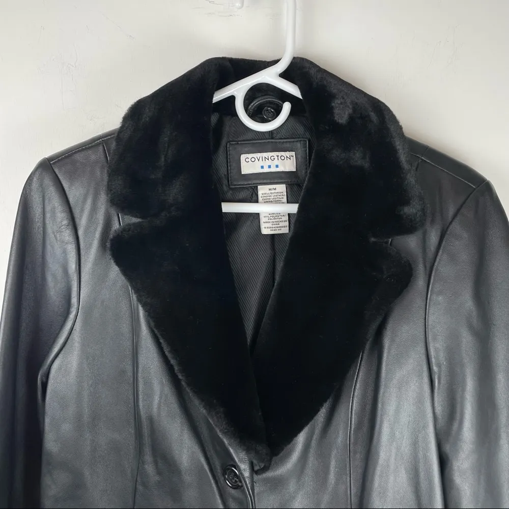 Covington Y2K Long Black Leather Jacket Button Front Trench Sz Medium Faux Fur Collar - Image 5