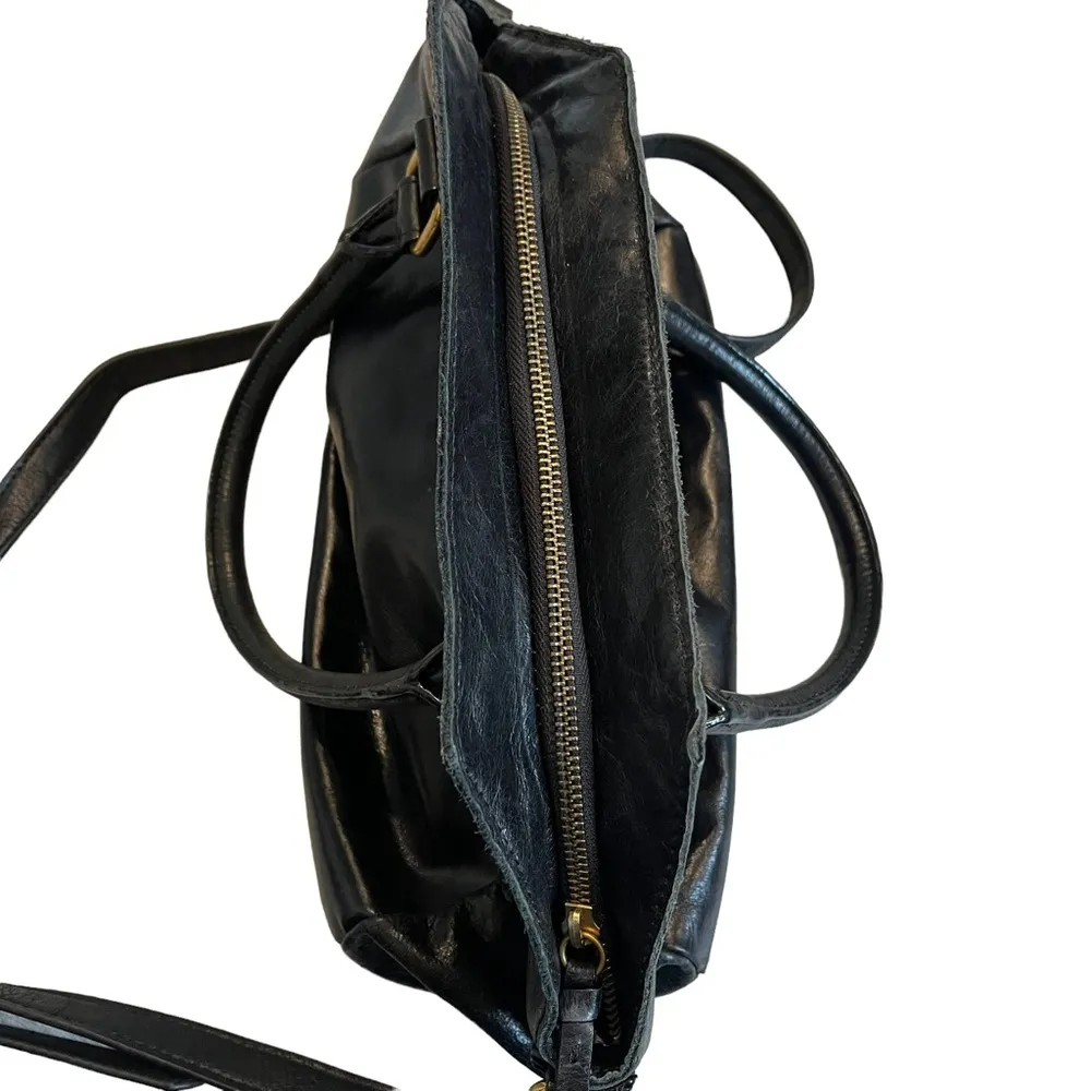 Elliott Lucca Black Glossy Leather Satchel Shoulder Bag Gold Accents - Image 9