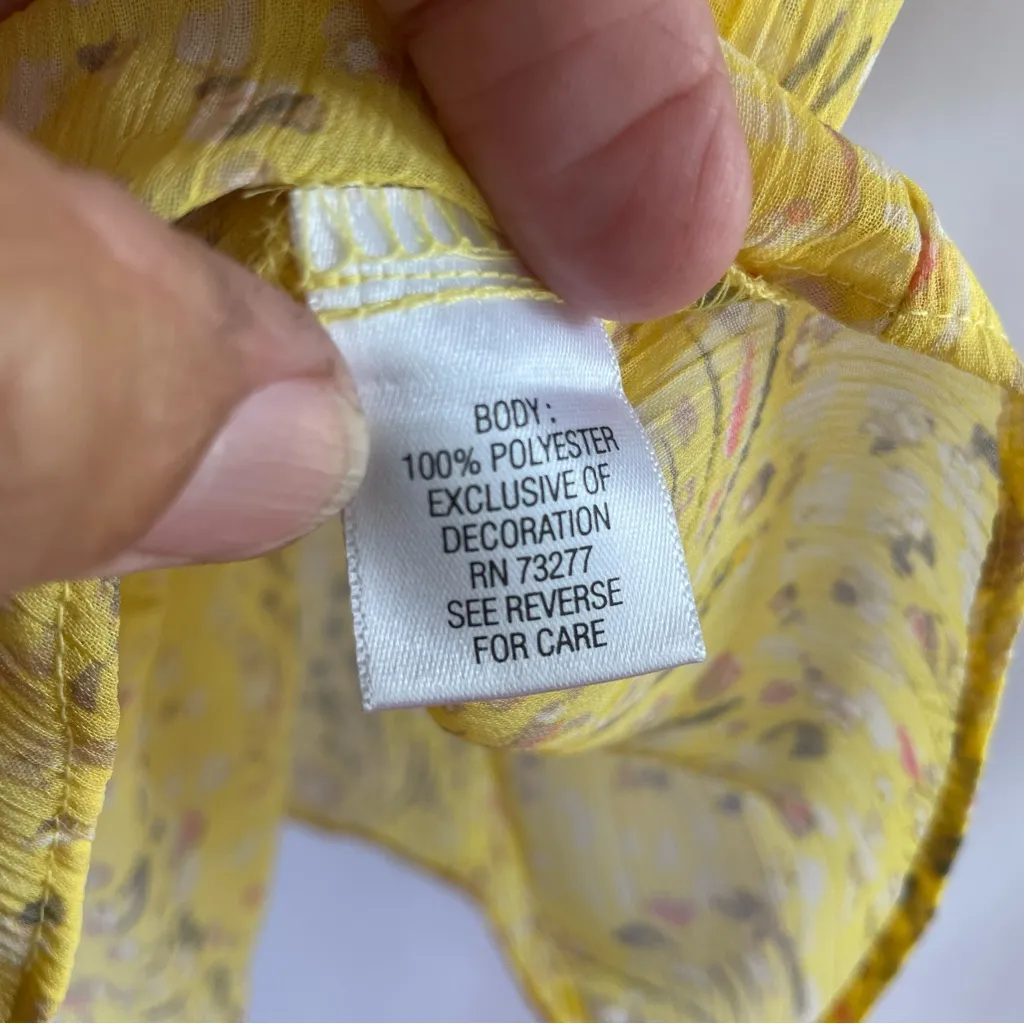 Candies Women’s Floral Yellow Peasant Blouse Smocked Waist Size Med 3/4 Sleeve - Image 5