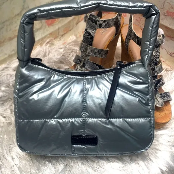 New Silver Luxe Quilted Puffer Shoulder Handbag by Sam Edelman - Image 1