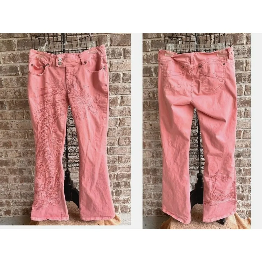Vintage 90's Taunt Pants Size 7 Peach Low Rise Wide Leg Embroidered Hipp… - Image 2