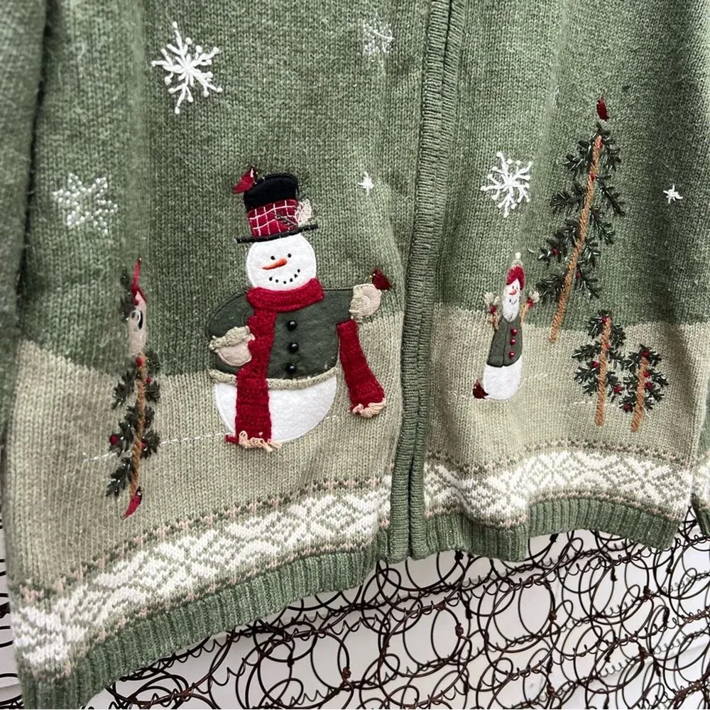 Rustic Americana snowman birdhouse pine tree ugly Christmas winter cardigan XL Green - Image 2