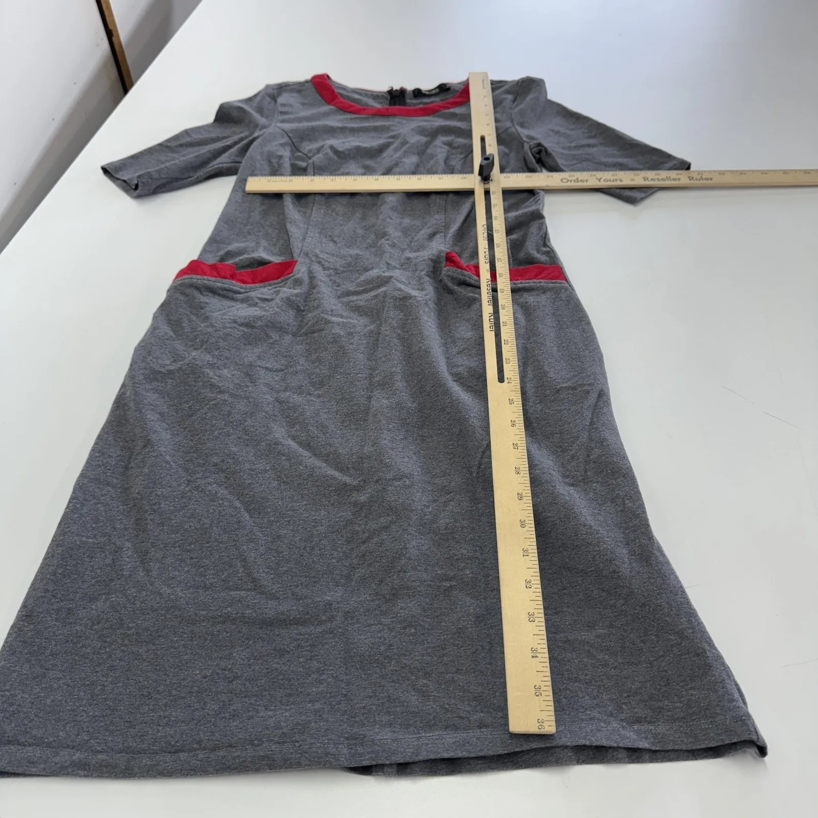 eShakti Dress Womens 4 Knee Length Short Sleeve‎ Pockets Spandex Red Trim - Image 6