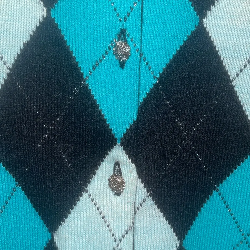New York & Co. black turquoise argyle button up sweater cardigan woman’s XL Blue - Image 4