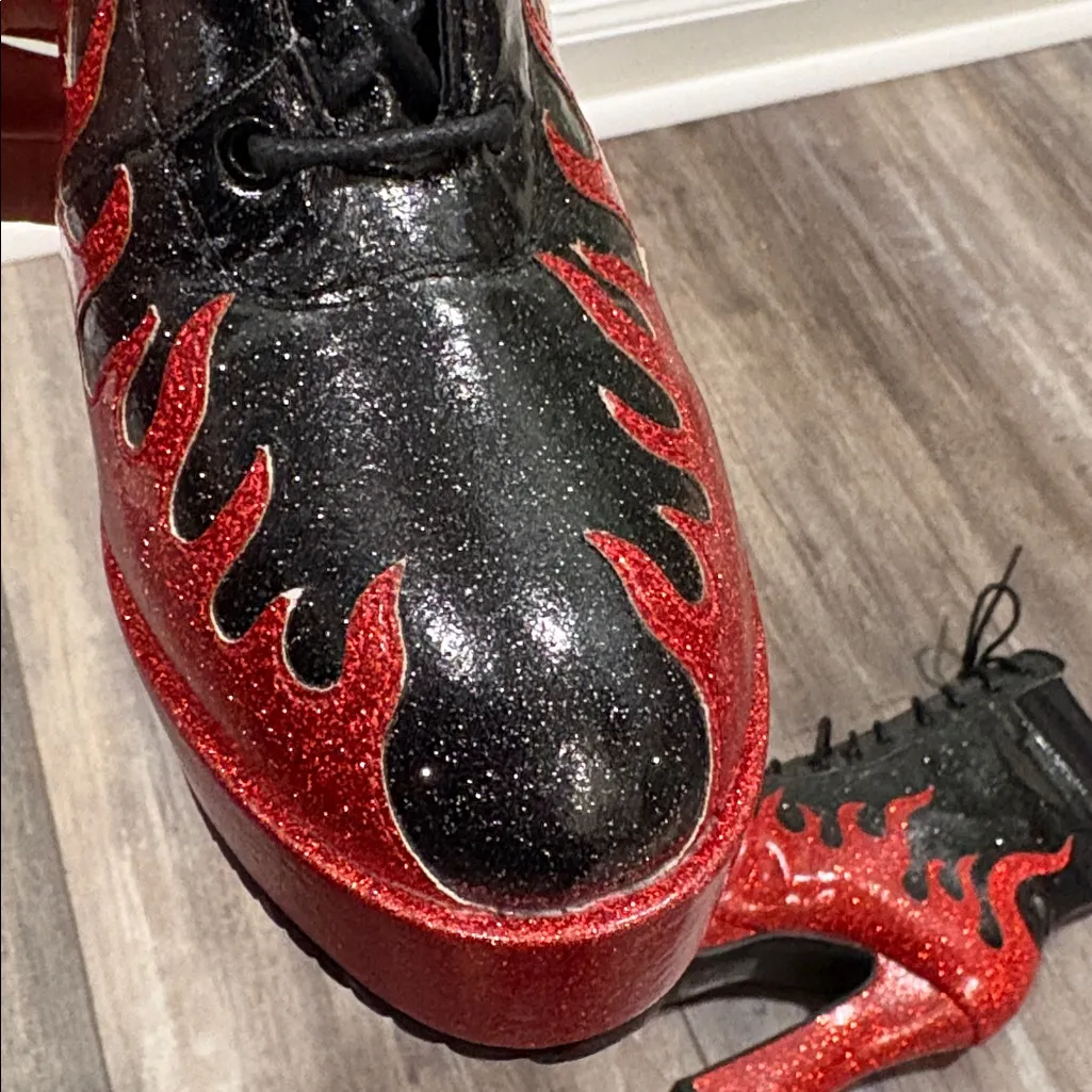 High Heel Platform Glitter Flames Lace Up Ankle Boots size 6 Black - Image 9
