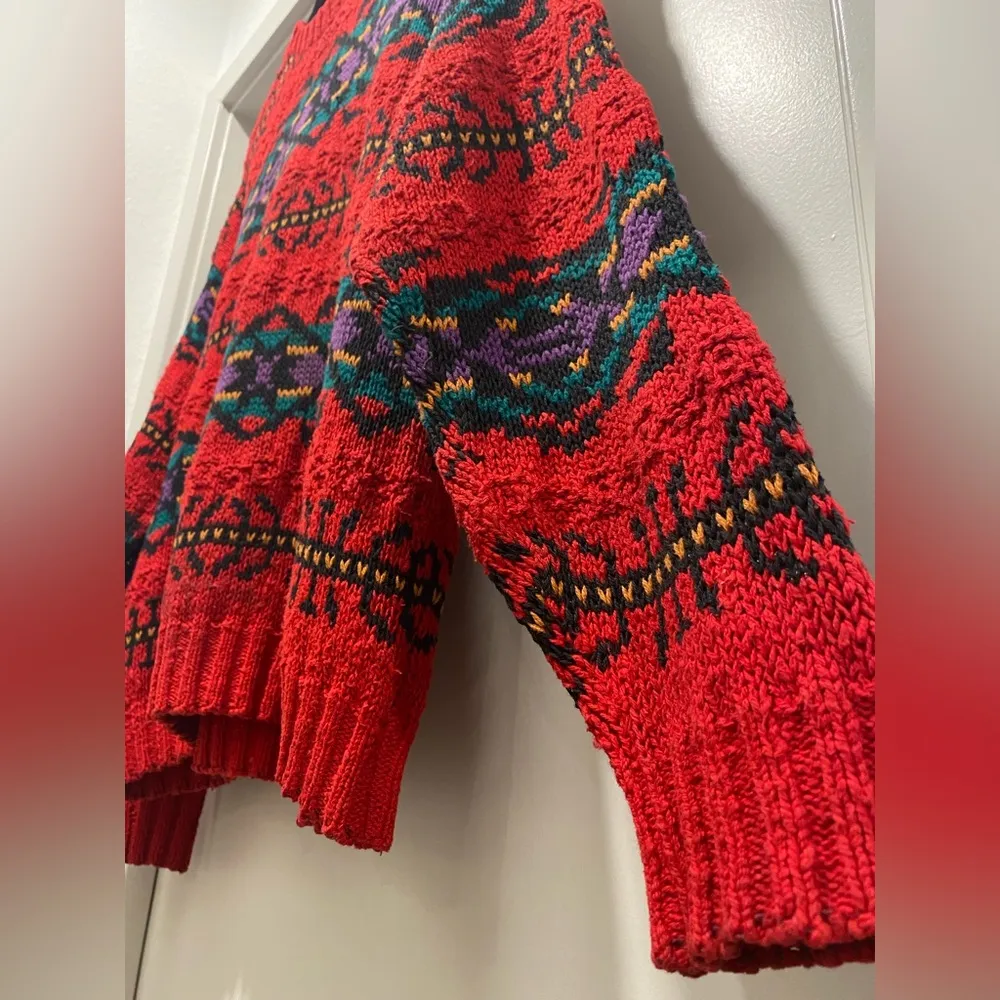 VTG 90s  Red Tribal Print Knitted Crew Neck Long Sleeve Sweater - M - Image 7