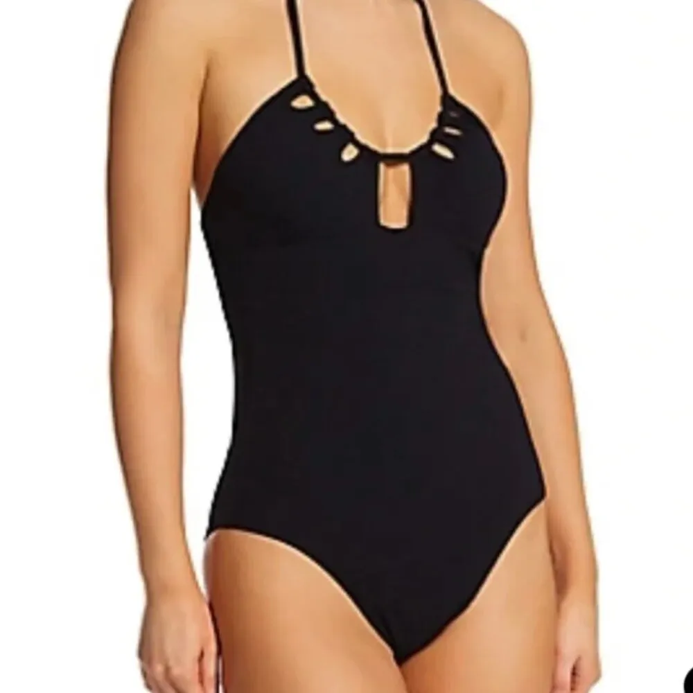 BECCA Pucker Up Candice‎ Large Green Textured Halter Cut Out One Piece Swimsuit - Image 7